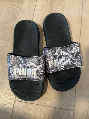 Puma Black Slides with Gray Floral Strap